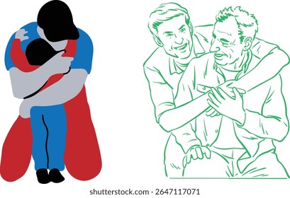Two distinct artistic representations of human connection: a stylized, abstract embrace in red, blue, and gray, and a vibrant green line drawing of two men sharing a warm, supportive moment.