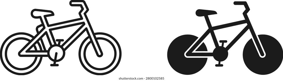 Two distinct bicycle vector symbols one outlined and one solid black presented cleanly for versatile graphic applications. Ideal for transportation or fitness themes.