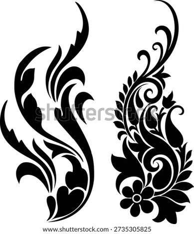 Two distinct black floral decorative with scrolling leaves and paisley shapes on a white background