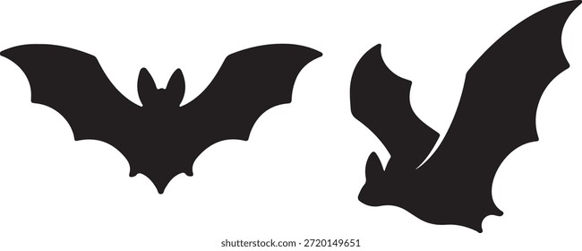 Zwei ausgeprägte schwarze Silhouetten von Fledermäusen im Flug, ideal für Halloween-Dekorationen, gespenstische Partythemen oder nächtliche Tierillustrationen.