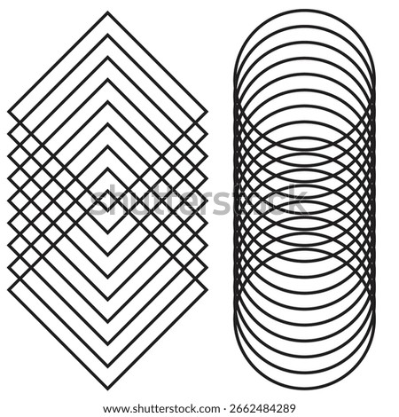  Two distinct black and white optical illusions are presented side by side. One showcases a series of overlapping squares forming a diamond shape, while the other displays stacked ovals creating