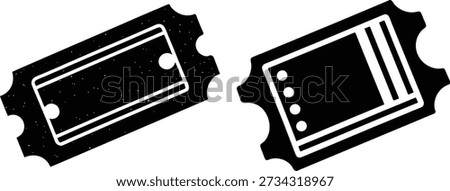 Two distinct black and white ticket icons are displayed diagonally against a white background. These stylized perforated admission graphics feature varying internal designs, perfect for symbolizing access, entry, or event passes in monochrome design projects.