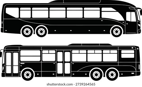 Two distinct bus silhouettes in black and white, featuring a long distance coach and a local city bus, showcasing public transport.