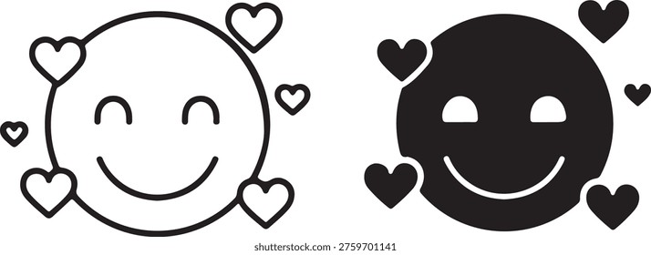 Two distinct circular faces displaying a profound sense of genuine happiness and overwhelming affection are presented side by side in a clean and minimalist graphic style that captures the universal emotion of love and joy through simple geometric shapes and expressive facial features that convey warmth and positivity without the need for complex artistic details or elaborate shading techniques which often distract from the core message of happiness being shared between two entities in a friendly manner that resonates with people from all walks of life who appreciate the simplicity of a smiling face surrounded by floating hearts representing deep care and adoration for others in various social contexts such as digital communication or printed media designs where clarity and impact are paramount for effective visual storytelling and emotional connection that transcends language barriers by using symbols that are recognized globally as expressions of love and kindness in a world that often needs more positivity and gentle reminders to cherish those who bring light and laughter into our daily lives through their presence and support which makes these simple icons powerful tools for expressing feelings that are sometimes difficult to articulate with words alone in our busy modern lives isolated on white background, illustration