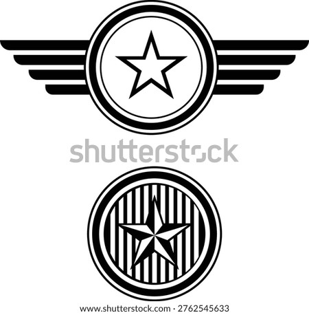 Two distinct circular star emblems with wings, one solid and one striped, military style.