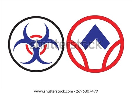 Two distinct circular symbols are displayed next to each other, one representing biohazard and the other a safety or warning emblem.