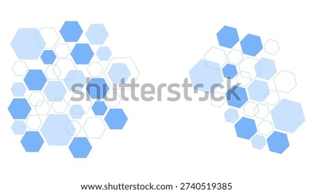 Two distinct clusters of overlapping blue and white hexagons in various shades and opacities are arranged on a white background.