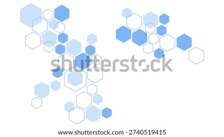 Two distinct clusters of overlapping blue and white hexagons create an abstract geometric design on a white background.