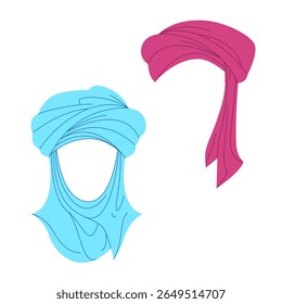 duas peças distintas de chapelaria cultural um turbante azul com dobras intrincadas e um lenço rosa fluente representando trajes tradicionais