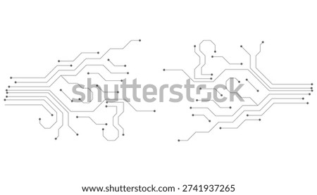 Two distinct digital circuit board patterns, left and right, with connecting lines and nodes on white.eps