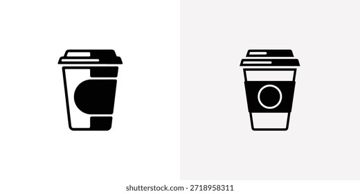 Dois ícones descartáveis distintos da taça de bebida, um preto sólido e um contornado com um detalhe circular preto, em um fundo claro.