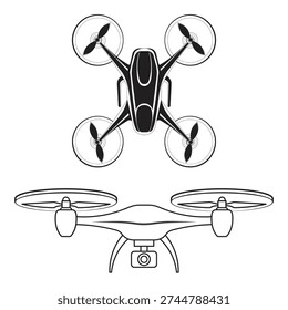 Two distinct drone illustrations presented in black and white line art. one drone is a stylized, filled-in design from a top-down perspective, while the other is a detailed outline view from the front, featuring a camera.