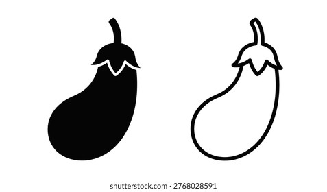 Two distinct eggplant depictions, one solid and one outlined, utilize a striking silhouette style.