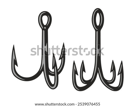 Two distinct fishing hooks are displayed showcasing their sharp points and unique shapes. Each hook has multiple barbs designed for effective fishing use in various conditions.