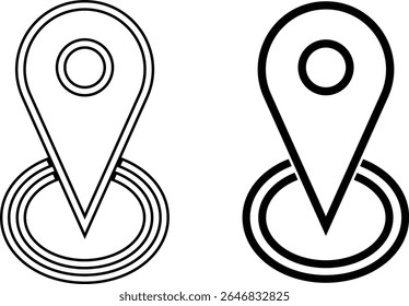 Duas representações gráficas distintas de um pino do mapa ou marcador de localização. Um é um contorno simples, enquanto o outro é um ícone preto sólido, ambos com círculos concêntricos.