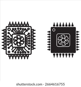 Two distinct graphic styles of a central processing unit with integrated cooling.
