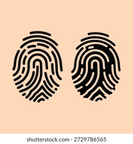 Two distinct human fingerprints in black and white on a beige background symbolizing identity security and uniqueness
