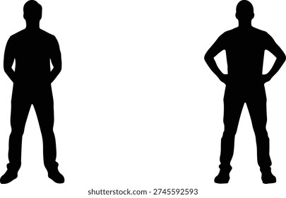 Two distinct human silhouettes of men, one with hands behind back and another with hands on hips, isolated on a clean white background.