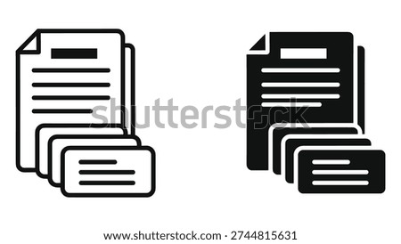 Two distinct icon sets representing stacks of documents and business cards. One features a clean outline style, and the other a bold, solid black fill. Ideal for representing data, organization, and business communication.
