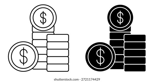 Dos representaciones iconográficas distintas de pilas de monedas, cada una con un signo de dólar, presentadas una al lado de la otra para su comparación.