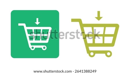 Two distinct icons depict adding items to a shopping cart. One is a green square with a white cart and arrow, the other is an olive-colored shopping cart with a downward arrow.