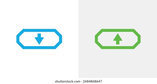 Two distinct icons, one blue with a downward arrow for download, the other green with an upward arrow for upload.