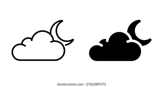 Two distinct icons, one outlined and one solid black, depict a crescent moon partially obscured by a cloud