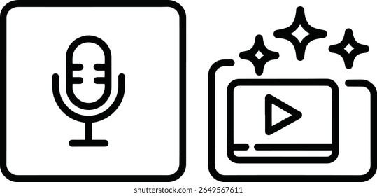 Two distinct icons are presented side by side. The left icon features a microphone within a rounded square, symbolizing audio recording. 