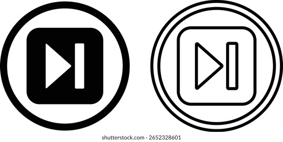 Two distinct icons representing the 'next track' or 'fast-forward' function. One is a solid black icon within a circle, the other is an outline version, both featuring a play symbol and a vertical bar