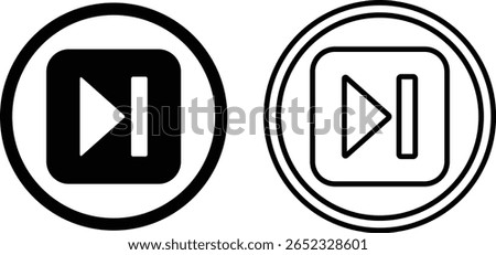 Two distinct icons representing the 'next track' or 'fast-forward' function. One is a solid black icon within a circle, the other is an outline version, both featuring a play symbol and a vertical bar