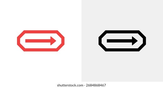 Dois ícones distintos lado a lado, um vermelho e um preto, cada um com uma seta apontando para a direita dentro de um contorno octogonal.