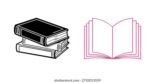 Dos ilustraciones distintas de libros se presentan una al lado de la otra sobre un fondo blanco. La Imagen izquierda presenta una pila de dos libros cerrados, renderizados en blanco y negro con contornos en negrita y sombreado. La Imagen derecha muestra un libro abierto, representado con delgadas líneas rosadas, que muestra varias páginas desplegadas.