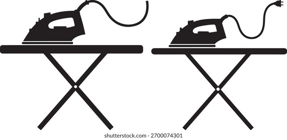 Dois ferros distintos descansam em suas respectivas tábuas de engomar, apresentados em um estilo limpo, gráfico silhueta preta.