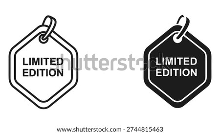 Two distinct 'Limited Edition' tags shown side-by-side: one as a clean outline icon and the other as a solid black icon with white text. Both feature a hexagonal shape with a loop for hanging.