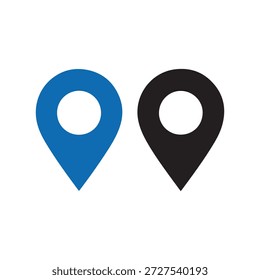 Dos iconos de pin de ubicación distintos, uno azul vibrante y el otro negro crudo, se muestran uno al lado del otro contra un fondo blanco limpio que simboliza el destino de navegación y la identificación geográfica