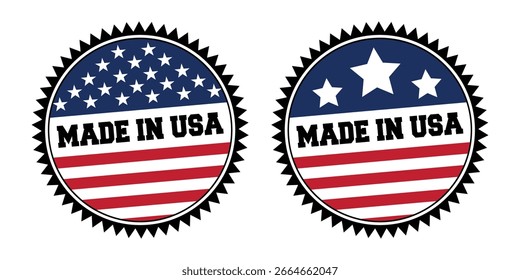 Zwei markante "Made in USA"-Embleme mit dem Motiv der amerikanischen Flagge mit Sternen und Streifen, die auf einem sauberen weißen Hintergrund für eine vielseitige Verwendung präsentiert werden.