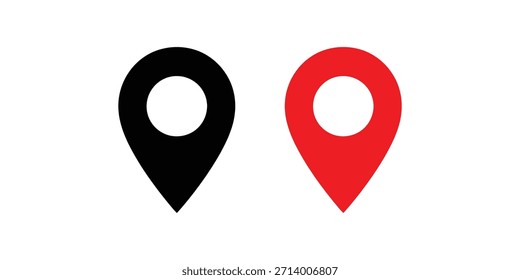 Two distinct map pin icons, one black and one red, presented side-by-side on a clean white background.