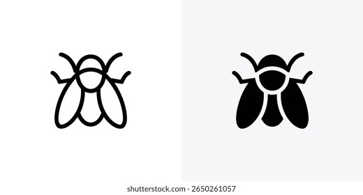 Dois ícones de mosca monocromáticos distintos são exibidos contra um fundo branco brilhante, um com um contorno oco e o outro com uma forma sólida preenchida.