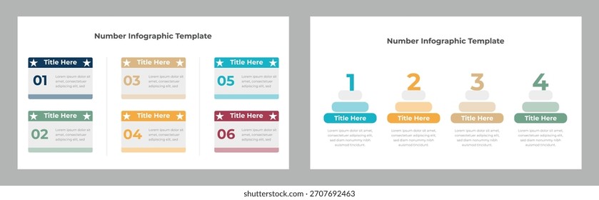 Two distinct number infographic templates with numbered lists and layered pyramid charts, perfect for presentations, data analysis, and business reporting.