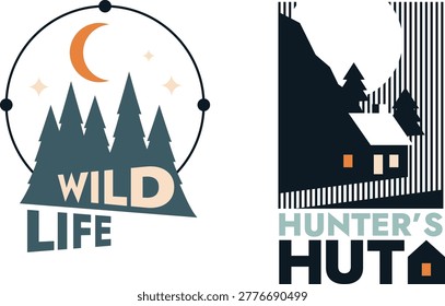 Two distinct pub signs contrasting wild life and hunters' themes with architectural details