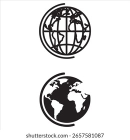 Two distinct representations of our planet, one outlined and one solid black.