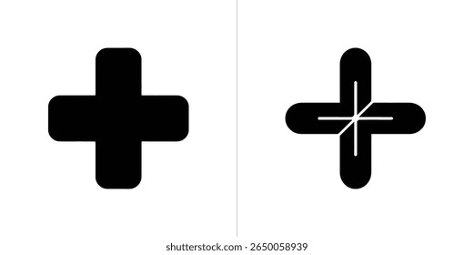 Two distinct rounded plus signs stand out. One is a solid black shape. The other is a black outlined design with white interior lines.
