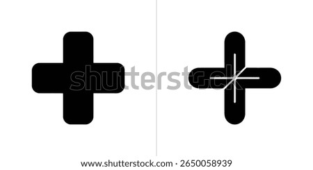 Two distinct rounded plus signs stand out. One is a solid black shape. The other is a black outlined design with white interior lines.