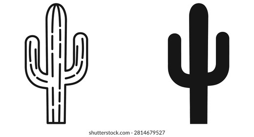 Two distinct saguaro cactus graphics one line art and one solid fill presented on a clean white backdrop. Ideal for branding and environmental themes.