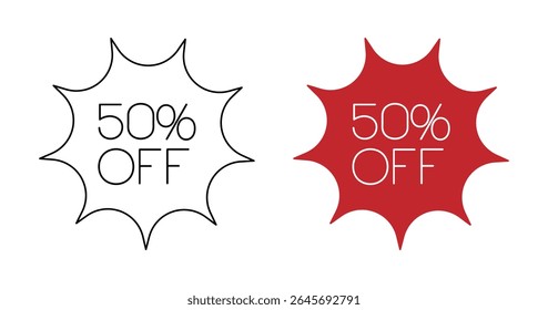 Two distinct sale tags are presented side by side. One is a black outline starburst with white text reading '50% OFF'. The other is a solid red starburst with white text also reading '50% OFF'.