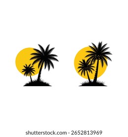 Duas cenas distintas com a silhueta de palmeiras contra um sol amarelo brilhante. O estilo silhueta enfatiza as formas icônicas da folhagem tropical e do sol.