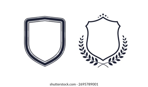 Two distinct shield emblems, one with a metallic border and another with a decorative laurel wreath and stars, on a white background.