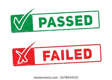 Two distinct stamp seals one green for 'PASSED' with a checkmark and one red for 'FAILED' with an 'X' mark representing results and evaluations.