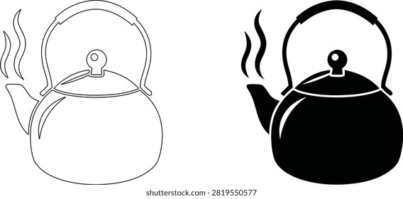 Two distinct steaming kettle icons, one in outline and one solid black, placed on transparent background.