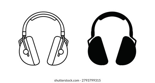 Two distinct styles of hearing protection earmuffs one line art and one filled black presented on a neutral backdrop. Ideal for safety signage or occupational health campaigns.